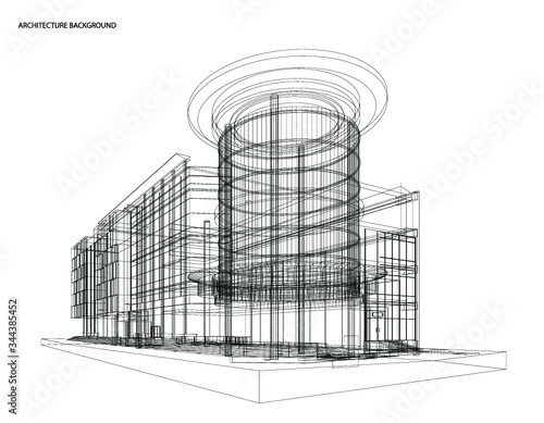 Perspective 3D render of building wireframe.