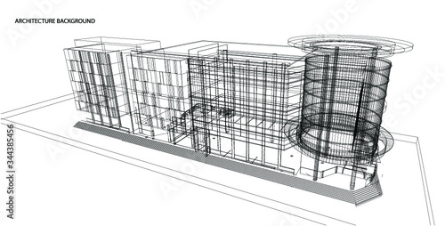 Perspective 3D render of building wireframe.