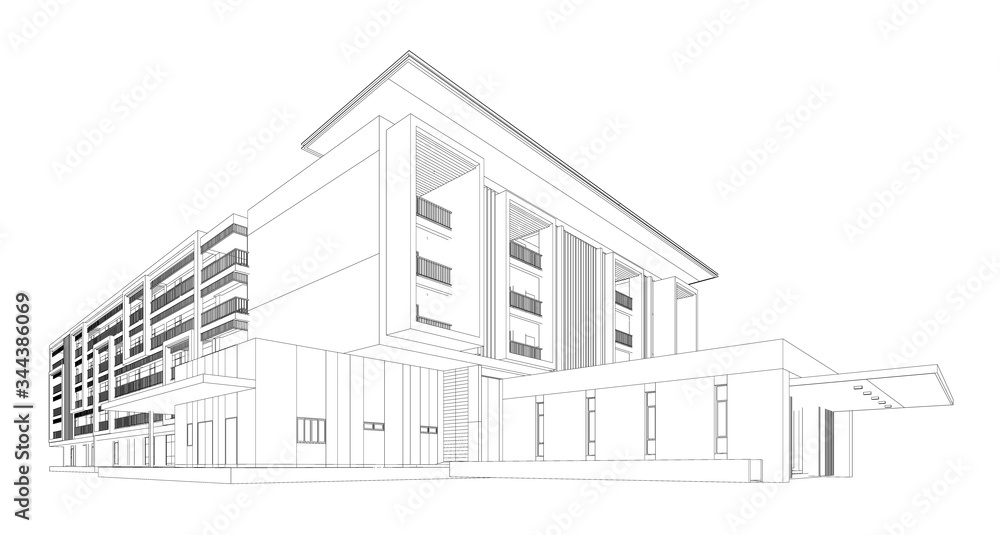 
3d wireframe of building. sketch design.Vector