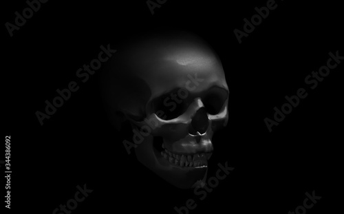 3d view of human skull on isolated black background with clipping path