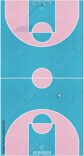 Aerial view abstract pastel pink blue color basketball court with hoop and ball minimalistic composition. 3d render