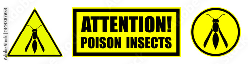Set of yellow black danger signs, attention. The attack of poisonous insects. Isolated vector