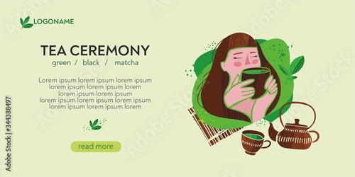 Green tea landing page website template. Girl drinking tea from a mug. Tea tasting. Trend cute cartoon vector illustration