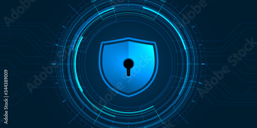 Cyber security illustration, blue shield and circle futuristic interface on dark background.