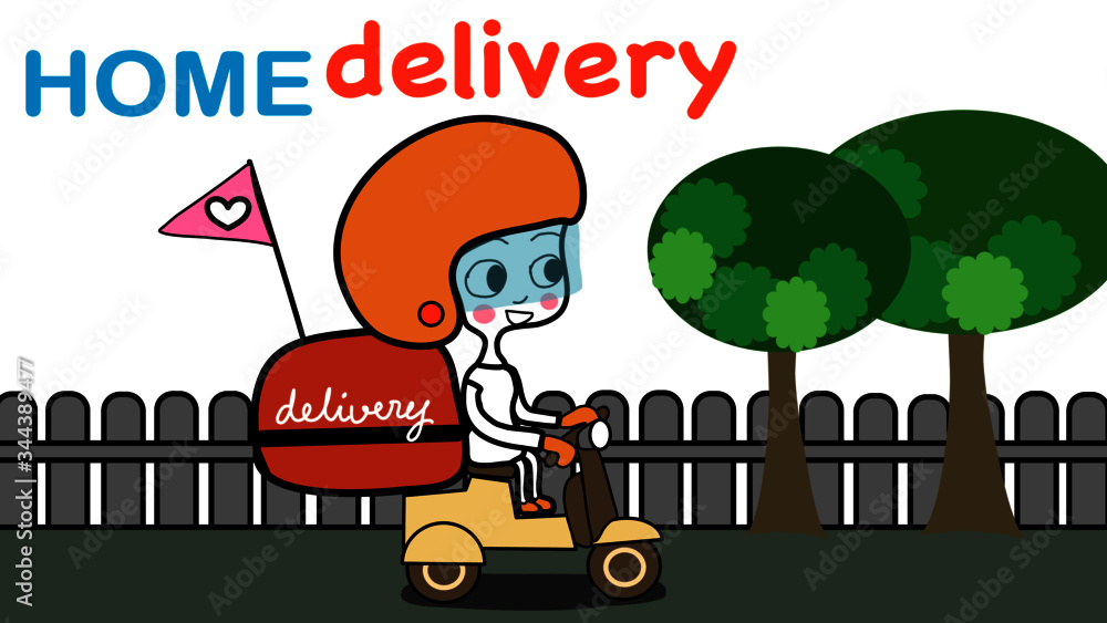delivery girl wearing face mask on delivery scooter in house's fences background