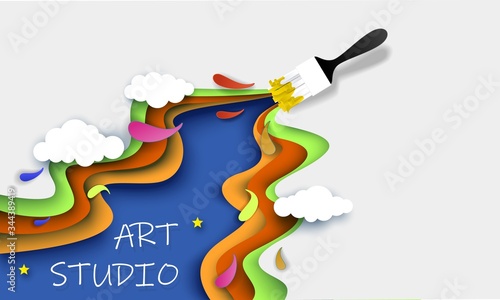 Art studio concept, vector layered paper cut style illustration