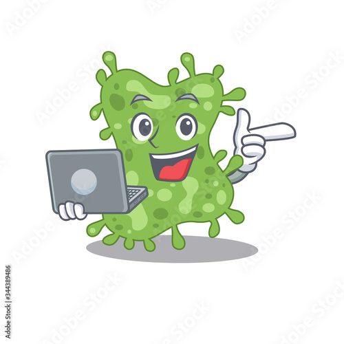 Cartoon character of salmonella enterica clever student studying with a laptop