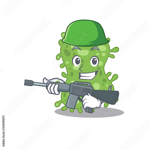A cartoon picture of salmonella enterica in Army style with machine gun