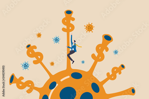 Stimulus money in COVID-19 Coronavirus economic crisis, pandemic funding to help company and entrepreneur to survive concept, businessman business owner climbing virus pathogen to reach Dollar money.