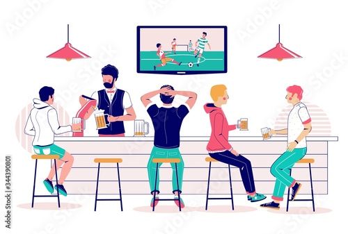 Beer pub visitors watching soccer match on tv, vector flat illustration