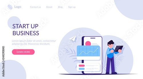 Concept of data analysis at the launch of a new startup. People with a laptop in the background of a mobile phone. Modern flat vector illustration.