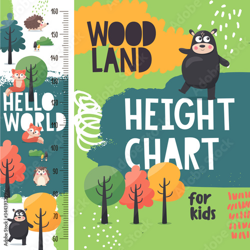 Cute woodland vector height chart meter for kids with animals: fox, bear, hedgehog, trees, plants, nature
