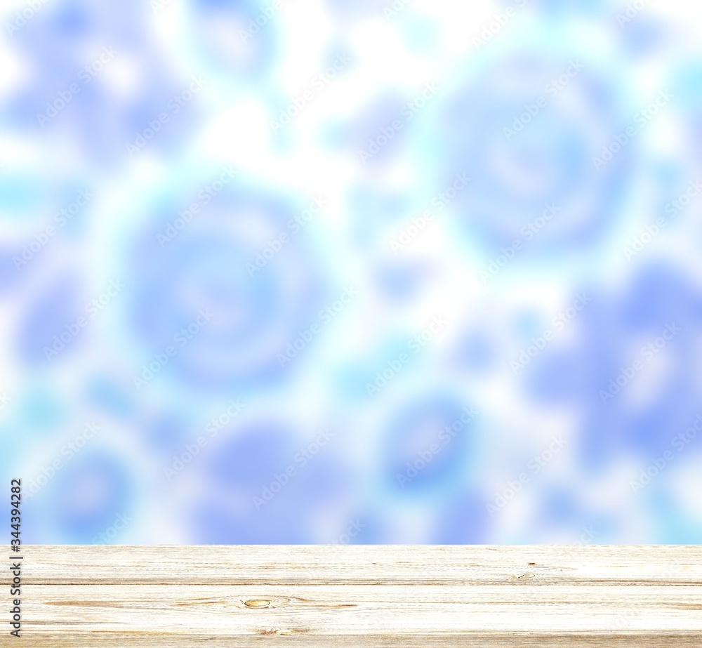 Fototapeta premium Wooden empty table texture. Blue white blurred pattern. Wallpaper defocused background. Russian traditional decoration home interior.