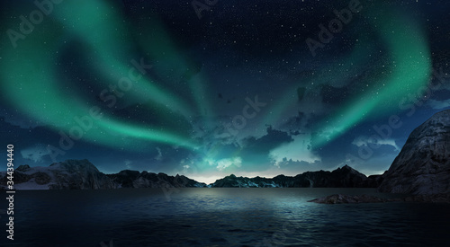 A beautiful green and red aurora dancing over the hills © Aomarch