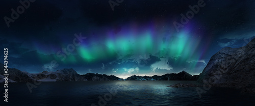 A beautiful green and red aurora dancing over the hills. © Aomarch