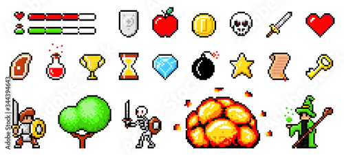Set of minimalistic pixel art vector objects isolated. Pixel game buttons. 8 bit UI gaming bar notation. Video-game pixel magic items, digital pixelated lives bar. Heroes and retro icons used in games photo
