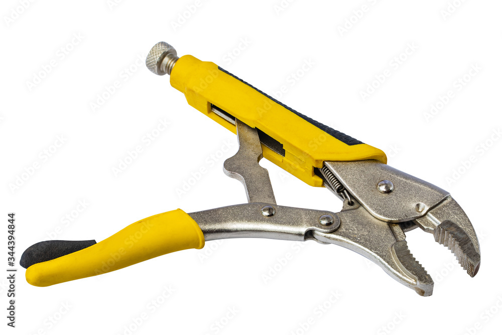 Yellow locking pliers isolated on white background with clipping path. Yellow locking pliers isolated on white background with clipping path.