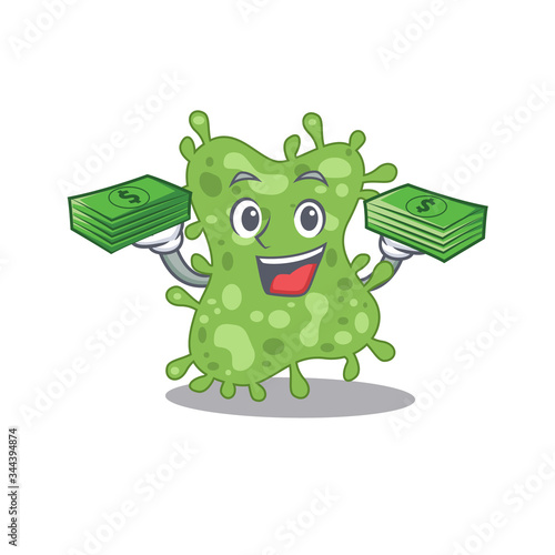 A wealthy salmonella enterica cartoon character having money on hands