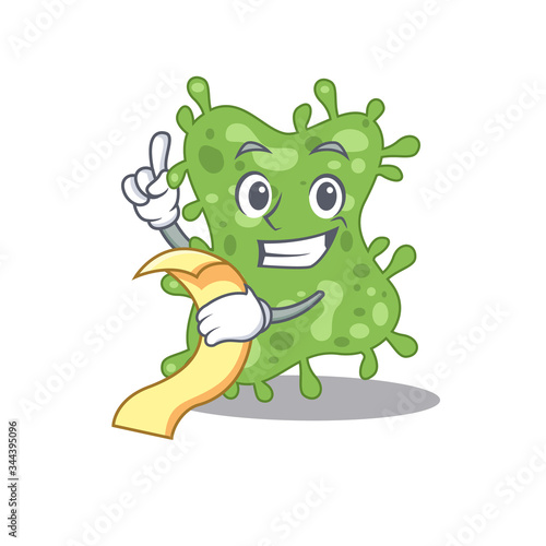 Salmonella enterica mascot character design with a menu on his hand