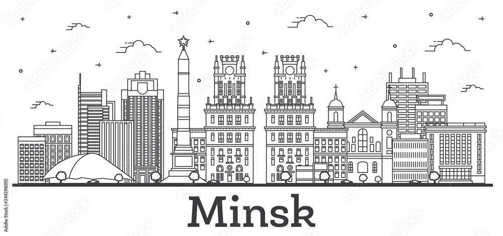 Outline Minsk Belarus City Skyline with Modern Buildings Isolated on White.