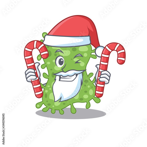 Friendly salmonella enterica in Santa Cartoon character holds Christmas candies