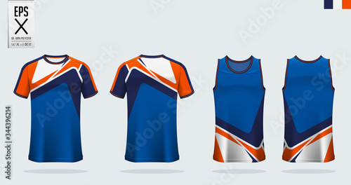 T-shirt mockup, sport shirt template design for soccer jersey, football kit. Tank top for basketball jersey and running singlet. Sport uniform in front view and back view.  Mock up Vector Illustration