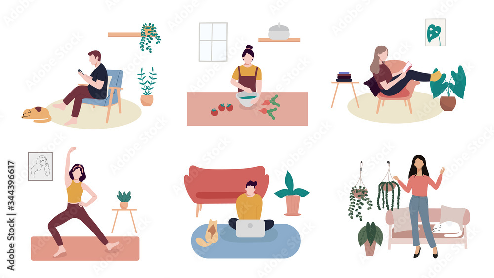 Coronavirus Quarantine, Stay at home, people work at home, Cocking, reading a book, practicing yoga, Gardening and listening  to the music. Vector illustration.