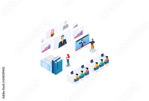 Modern Technology Isometric Smart Online Webinar Training Technology Illustration in White Isolated Background With People and Digital Related Asset