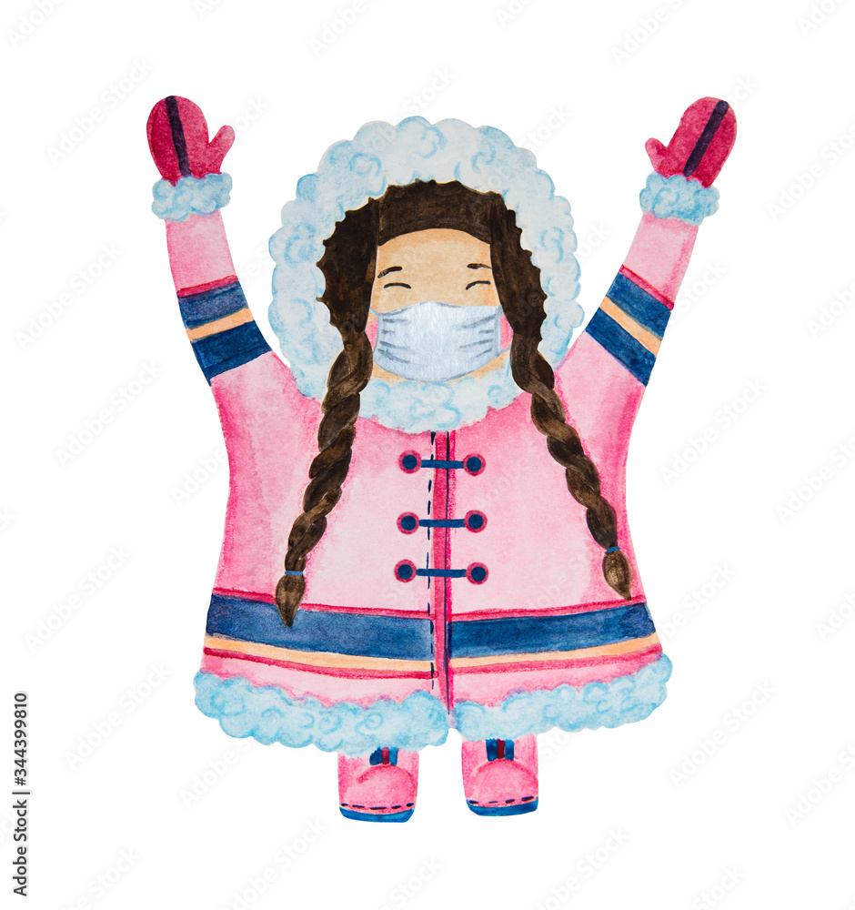 Masked Eskimo girl in quarantine. Object on a white background. Children's illustration. Masked Eskimo girl in quarantine. Object on a white background. Children's illustration.