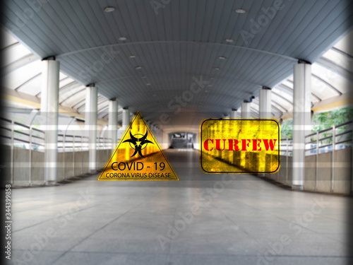 Capital city abstract quiet and no people have yellow sign COVID19 CORONA VIRUS DISEASE and CURFEW is campaign measures for government effect PANDEMIC OUTBREAK ALERT DANGER wuhan china  photo