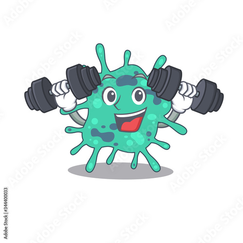 Mascot design of smiling Fitness exercise shigella boydii lift up barbells