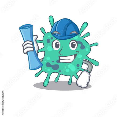 Cartoon character of shigella boydii brainy Architect with blue prints and blue helmet