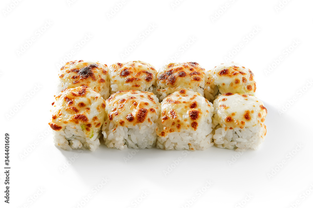 Baked shrimp rolls on white background top view Baked shrimp rolls on white background top view
