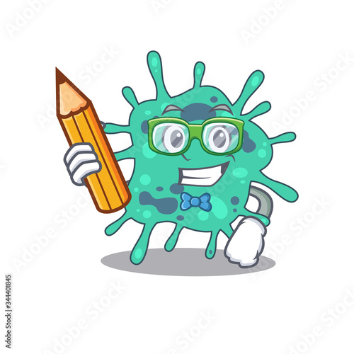 A brainy student shigella boydii cartoon character with pencil and glasses