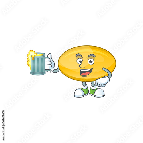Happy oil capsule mascot style toast with a glass of beer