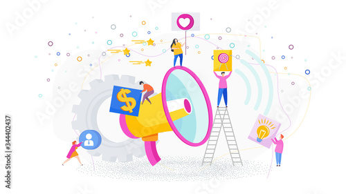 Advertising business concept. Tiny people near a huge megaphone.