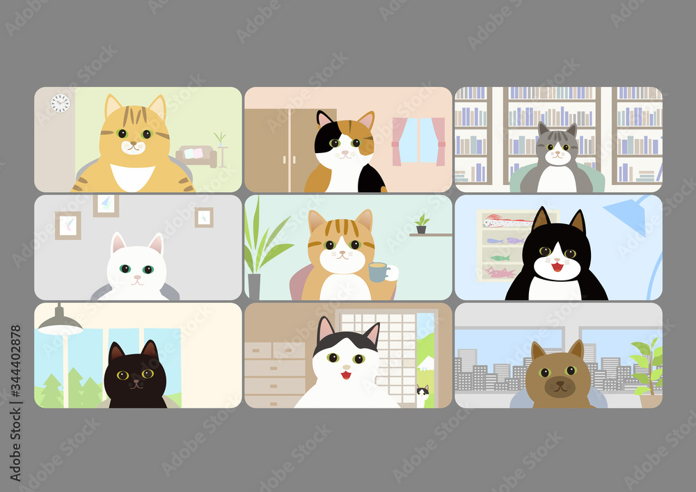 ビデオ会議する猫の事務所 在宅勤務も楽しい 猫の新キャラ登場 Stock イラスト Adobe Stock ビデオ会議する猫の事務所 在宅勤務も楽しい 猫の新キャラ登場 Stock イラスト Adobe Stock