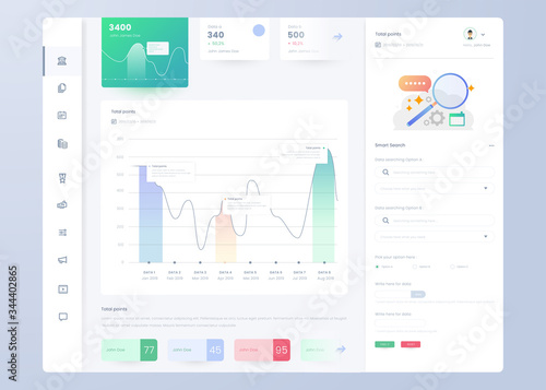 
Infographic dashboard. UI design with graphs, charts and diagrams. Web interface template for business presentation.