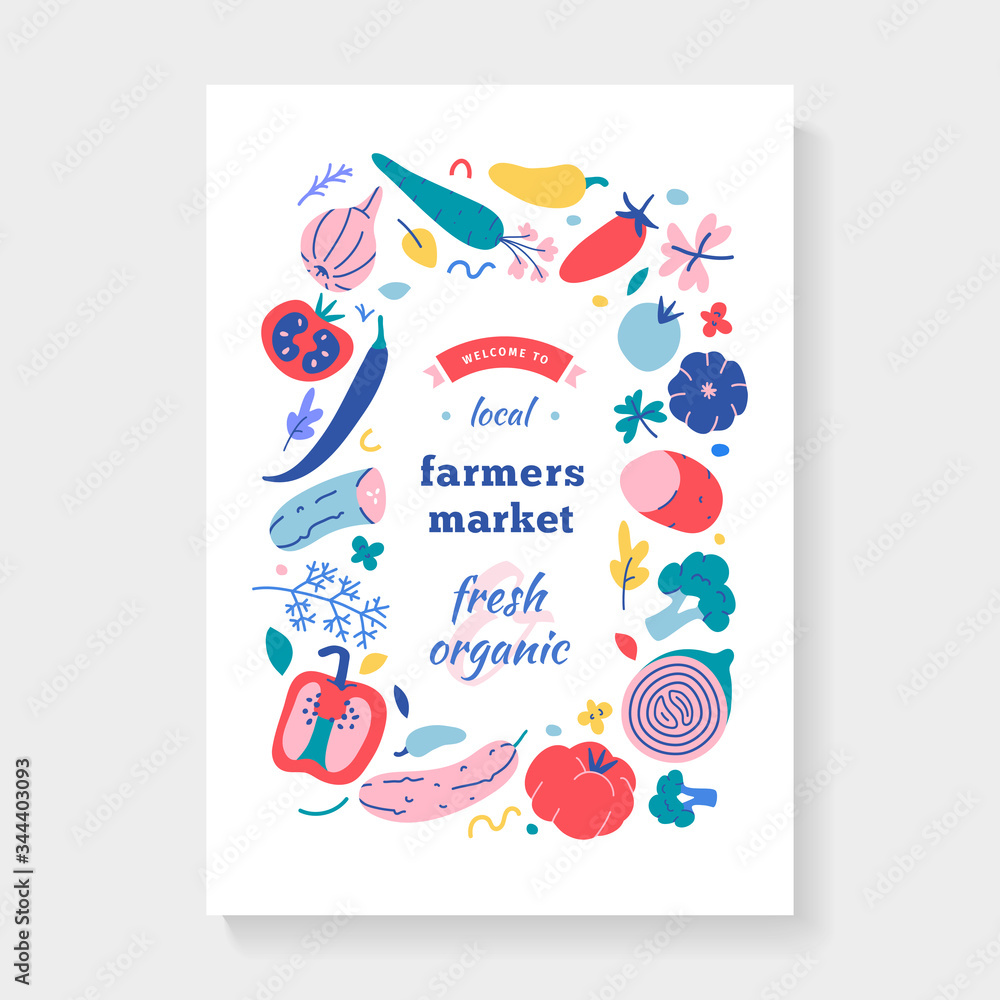 Farmers market frame, vector border with various vegetables, layout template for food fair poster, fresh organic homegrown produce, vertical banner with colorful handdrawn illustrations