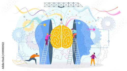 Success knowledge concept. Tiny people insert a brain into a human head