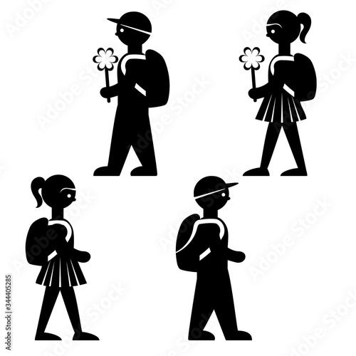 Vector silhouettes of stylized figures of a boy and a girl going to school with flowers and with a briefcase a satchel, a backpack. Icons of children of schoolchildren first graders, back to school.