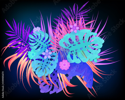 Summer trendy neon tropical leaves exotical plants palm jungle leaf