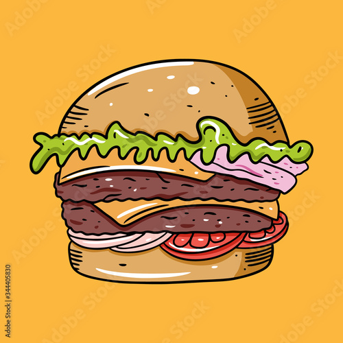 Double Hamburger. Colorful vector illustration in flat cartoon style. Isolated on yellow background.