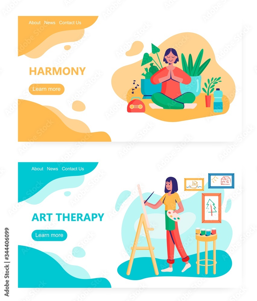 Woman meditate and practice yoga at home. Art therapy concept illustration. Girl artist painting. Vector web site design template. Landing page website illustration.