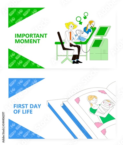 Doctor makes ultrasound checkup for pregnant woman. Happy mother with new born baby. Concept illustration. Vector web site design template. Landing page website illustration.