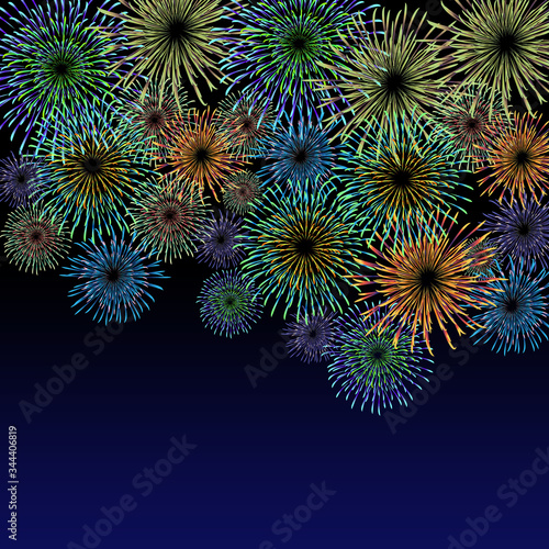 Fireworks material. Night sky fireworks background. Fireworks appear in the summer night sky.
背景：花火 はなび 打上花火 夜空 夏 祭り 夜景