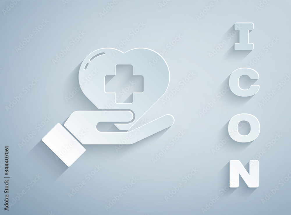 Paper cut Heart with a cross icon isolated on grey background. First aid. Healthcare, medical and pharmacy sign. Paper art style. Vector Illustration Paper cut Heart with a cross icon isolated on grey background. First aid. Healthcare, medical and pharmacy sign. Paper art style. Vector Illustration