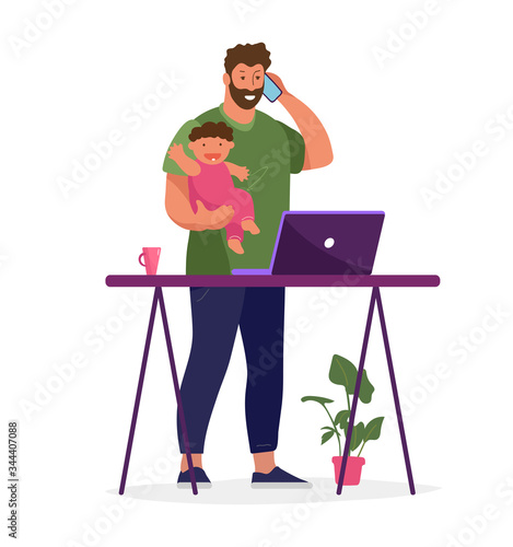 A man works from home at the computer, holds the child, calls on the phone. The concept of freelance, remote work, family and work. Flat cartoon vector illustration.