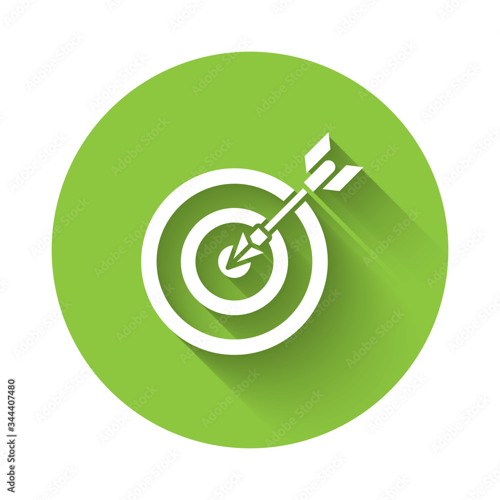 White Target with arrow icon isolated with long shadow. Dart board sign. Archery board icon. Dartboard sign. Business goal concept. Green circle button. Vector Illustration White Target with arrow icon isolated with long shadow. Dart board sign. Archery board icon. Dartboard sign. Business goal concept. Green circle button. Vector Illustration