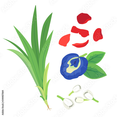 pandanus leaf with jasmine and rose petals, butterfly pea flower for makeing thai dessert.